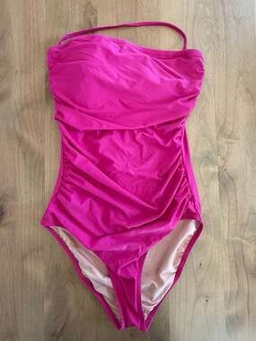 J.Crew Ruched Bandeau One-Piece Swimsuit in Hibiscus Pink